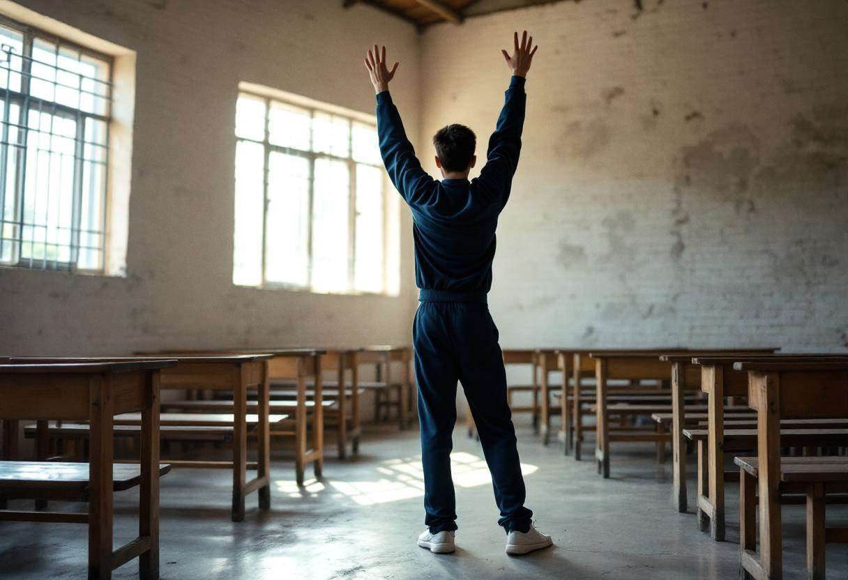 One lanky sixteen-year-old in a navy blue school tracksuit caught mid-freeze pose with arms raised during dance movement