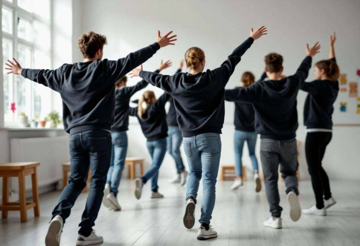 Lanky fourteen to seventeen-year-olds in dark sweaters and jeans mid-freeze dance