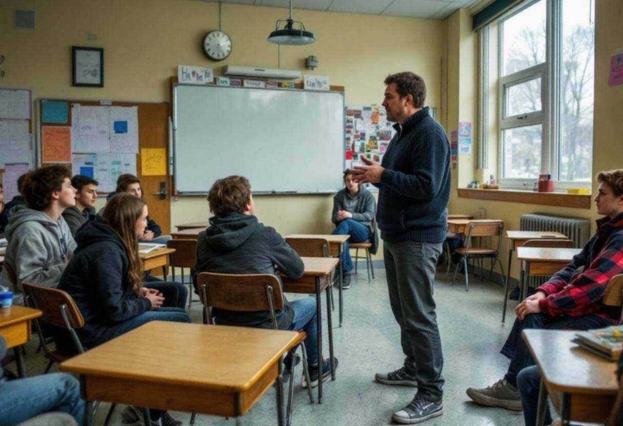 A Canadian teacher in a dark sweater leading lanky fourteen to seventeen-year-olds in hoodies and flannel shirts through