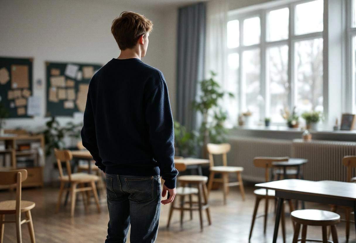 One lanky fifteen-year-old in a navy wool sweater and dark jeans gesturing mid-scene during forum theater practice