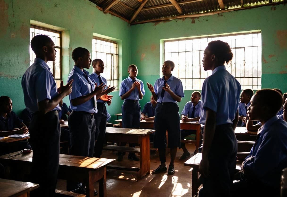 Lanky teenagers ages 14 to 17 in navy blue uniform shirts and dark trousers participating in animated forum theater disc