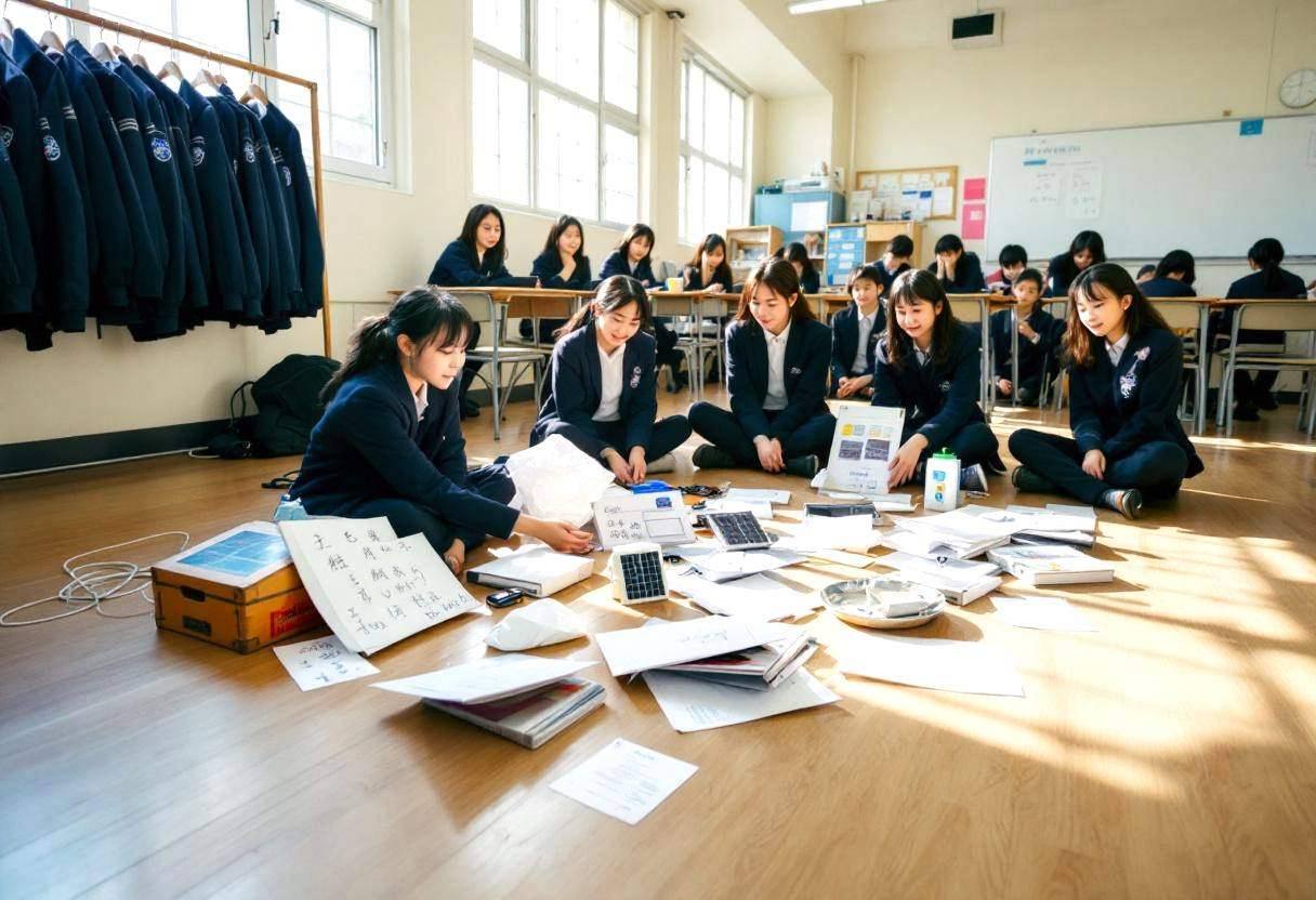 Theater props and sustainable energy materials scattered across light wood classroom floor